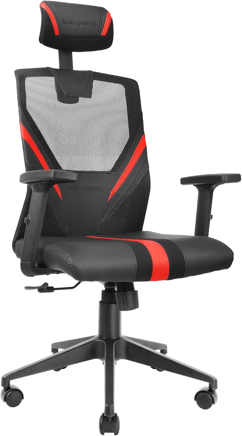 Sela ergonómica MARS GAMING MGC-ERGO preta com detalhes em vermelho RESPALDO em malha transparente ajuste LUMBAR-CERVICAL-REPORAÇOS