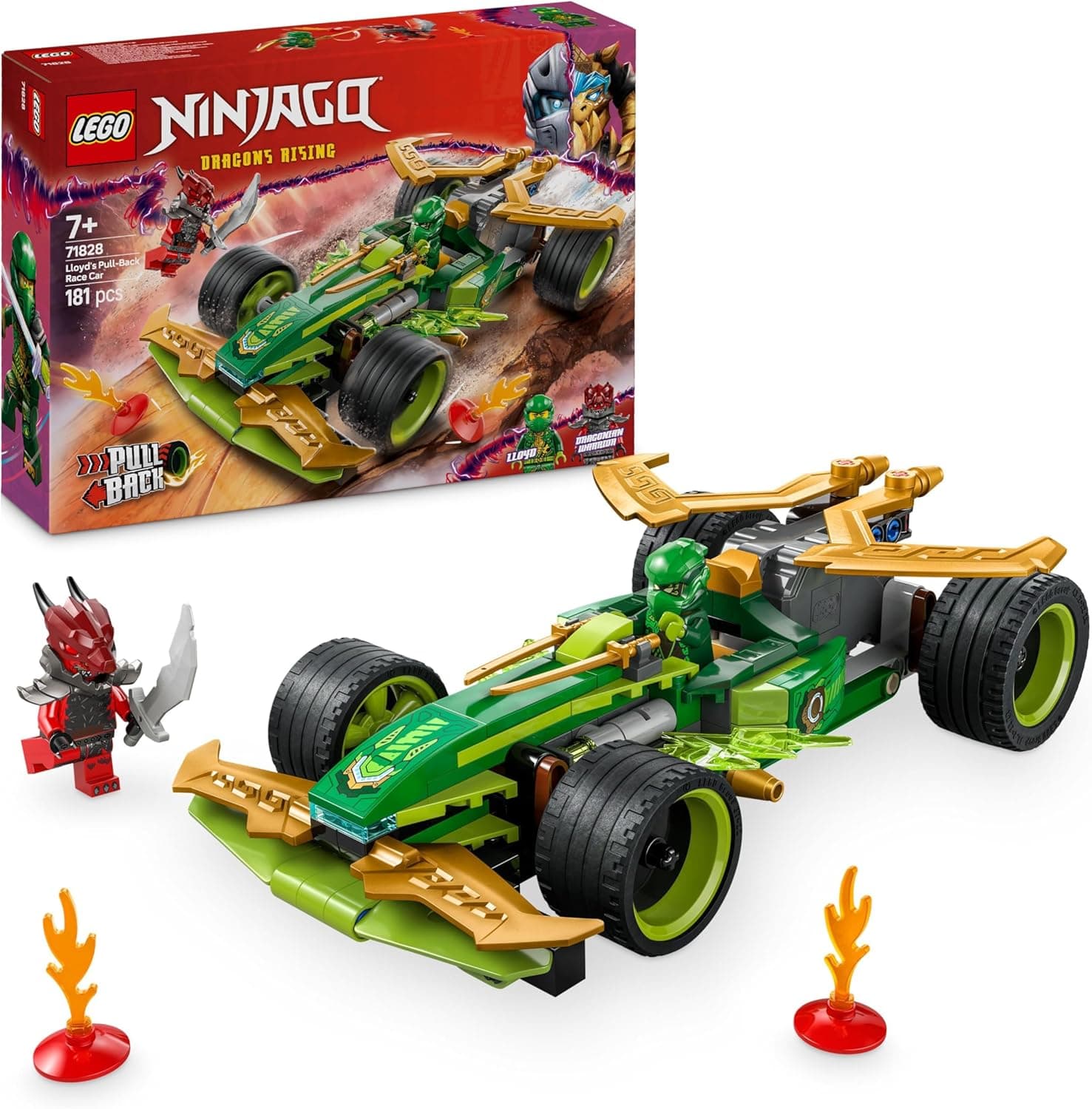 LEGO Ninjago Carro de corrida com motor de carregamento manual de Lloyd de brinquedo, conjunto ninja com 2 minifiguras, armas e catanas, presente para meninos e meninas de 7 anos ou mais 71828