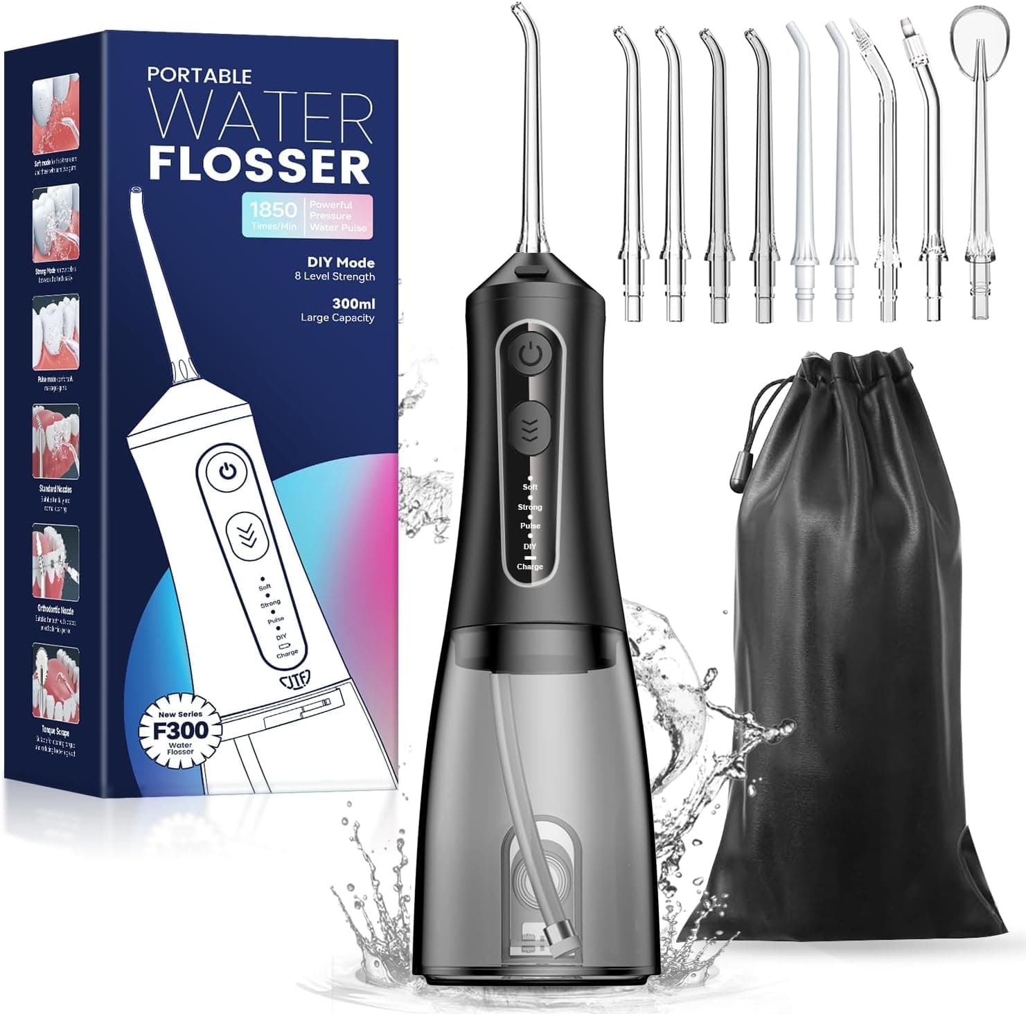 JTF Irrigador dental sem fio, limpeza dental elétrico, portátil, 5 modos e 9 bicos, USB-C recarregável, IPX7, impermeável, vencedor do teste para limpeza em viagens (preto)