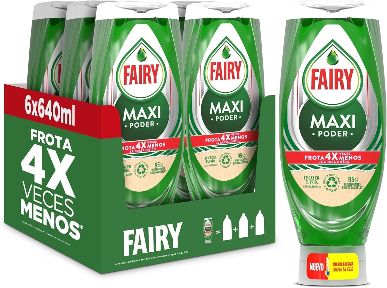 Fairy Maxi Poder líquido máquina de lavar louça, 6 x 640 ml, limpeza fácil e sem esforço, mesmo nas panelas e frigideiras mais gordurosas