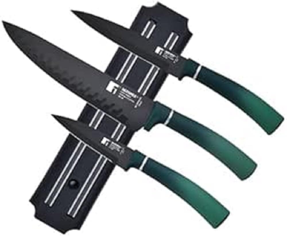 BERGNER Classique - Set 4 facas de chef - carne, serra para pão, trincheira e multiusos - coleção de aço inoxidável anti-aderente - alças suaves ao toque - cor verde