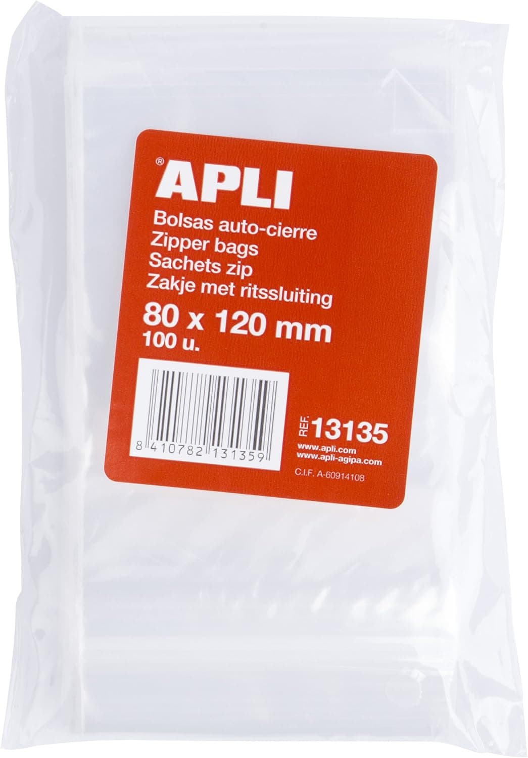 Pack de 100 sacos de plástico com auto-fecho APLI 13135, tamanho 80 x 120 mm
