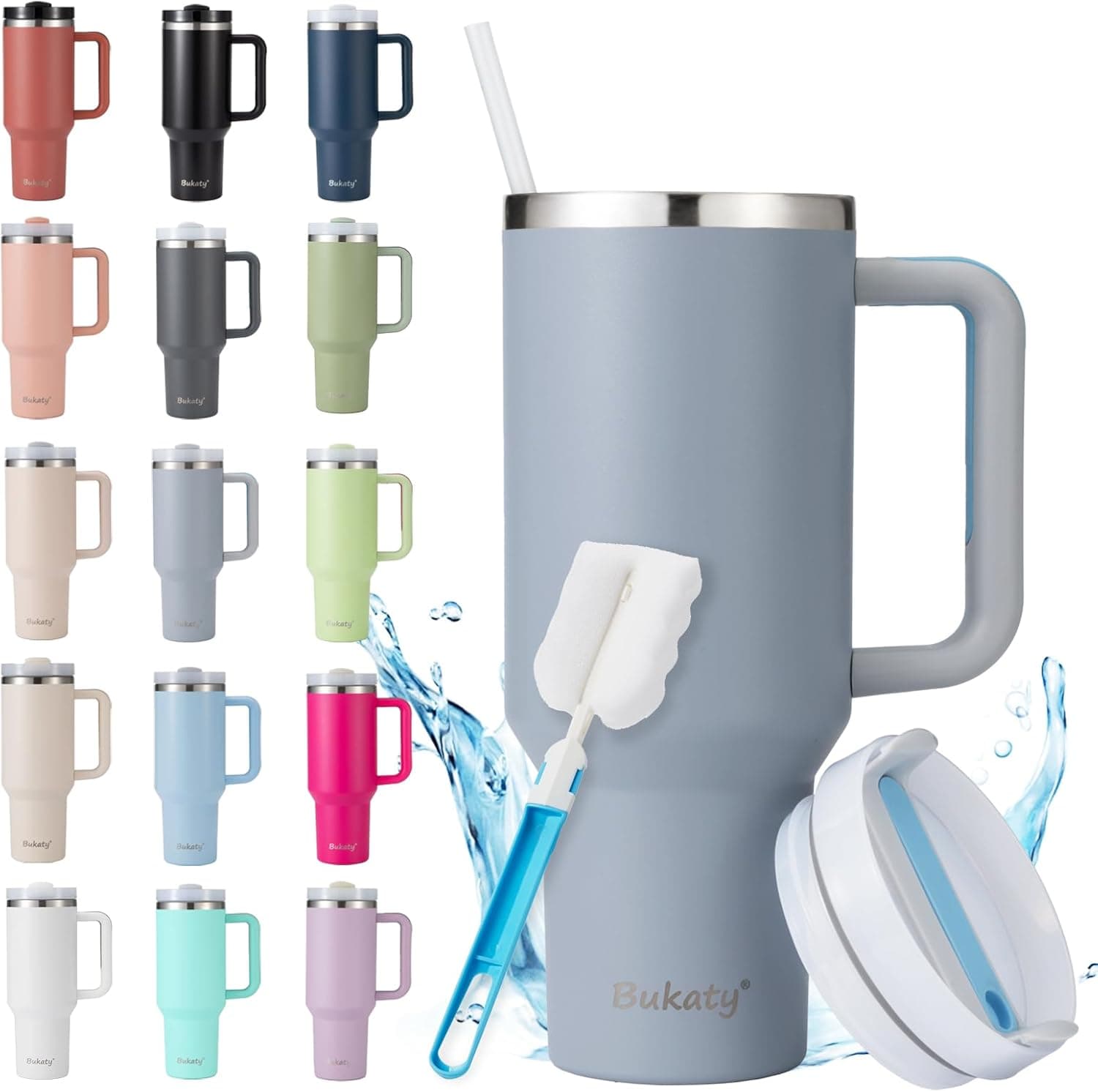 Bukaty Caneca térmica com palhinha e alça, 1180 ml, copo com tampa e palha, caneca de café a vácuo de aço inoxidável de parede dupla com alça e palha, caneca para carro para bebidas quentes e frias