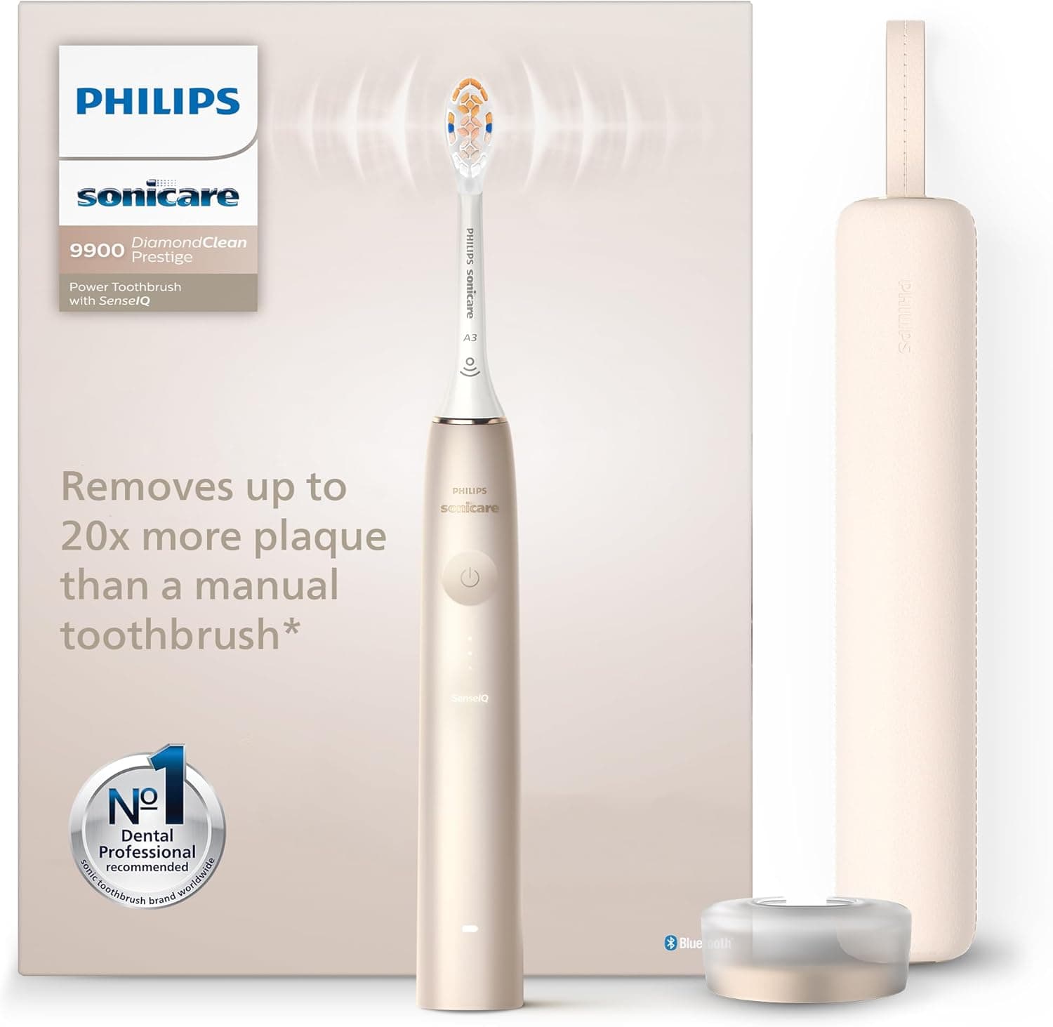 Philips Sonicare DiamondClean Prestige 9900: escova de dentes elétrica sónica com cabeça de escovagem Premium All-in-One A3 e estojo de carregamento em cor champanhe (modelo HX9992/11)
