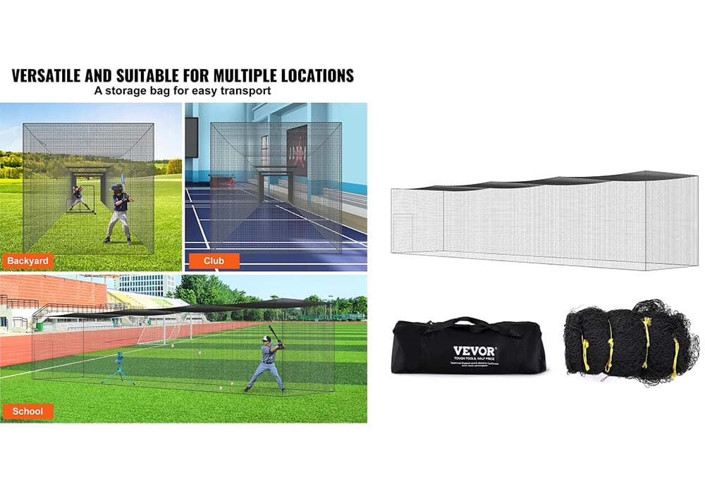 VEVOR Jaula de rebatidas de beisebol de 17,4 m, rede de treino profissional de rebatidas de beisebol e softball, com porta e bolsa de transporte, rede de PE fechada resistente