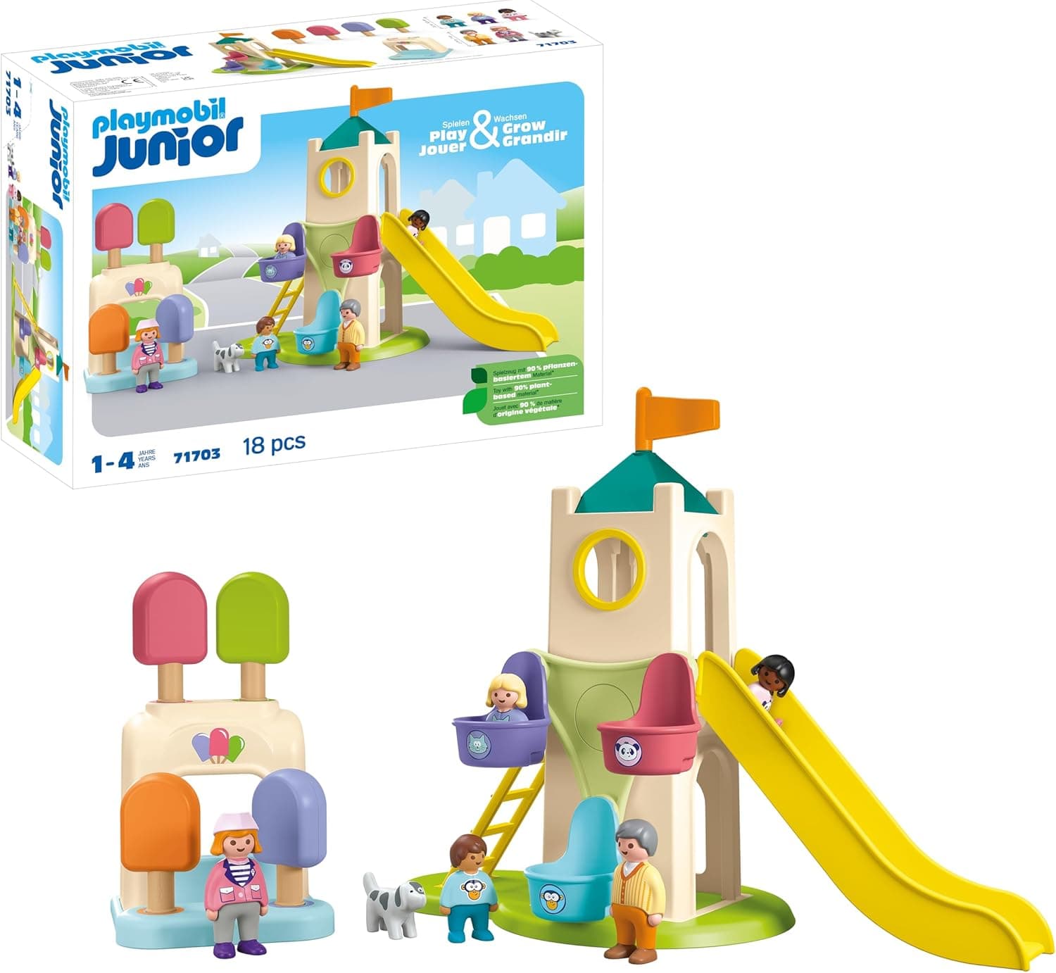 PLAYMOBIL Junior 71703 Torre aventura com geladaria, inclui escorrega e roda, brinquedo sustentável feito de plásticos à base de plantas, brinquedos para crianças a partir de 1 ano