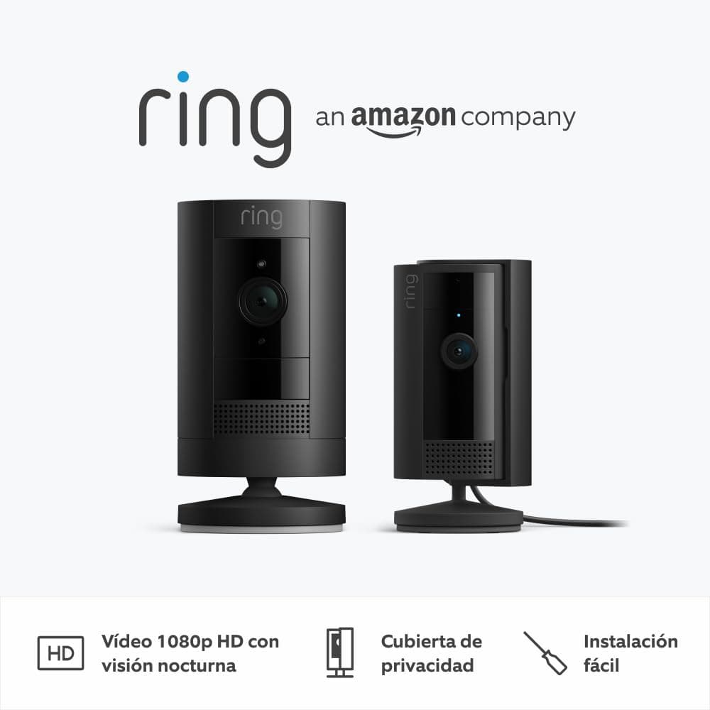 Ring Câmara exterior com bateria (Stick Up Cam) + Câmara interior (câmara interior, 2ª geração) | Câmaras de vigilância WiFi com vídeo HD, comunicação bidirecional | 30 dias gratuitos do Ring Home