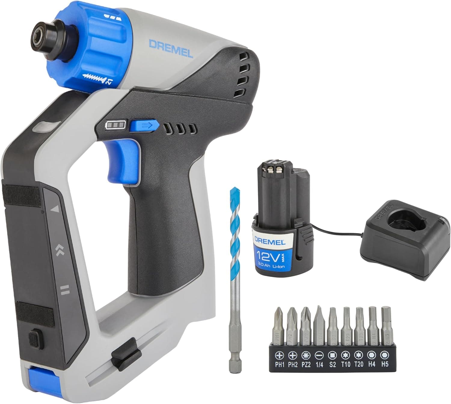 Dremel Blueprint 12 V, 3 em 1, parafusador/broca sem cabo e escovas kit com detetor, nível de laser removível, 9 pontas de parafusar, 1 broca multifunções, nível de bolha