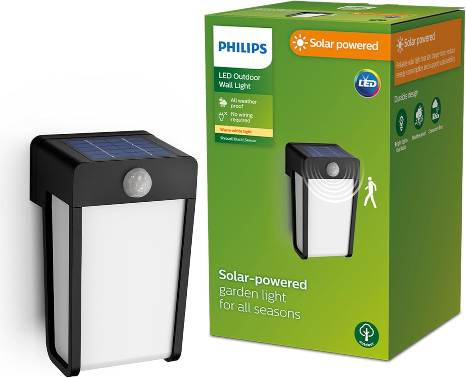 Philips Lighting - aplique parede exterior Shroud, alimentação solar, 2,3 W, 2700 K, preto, sensor de movimento, resistente às intempéries IP44