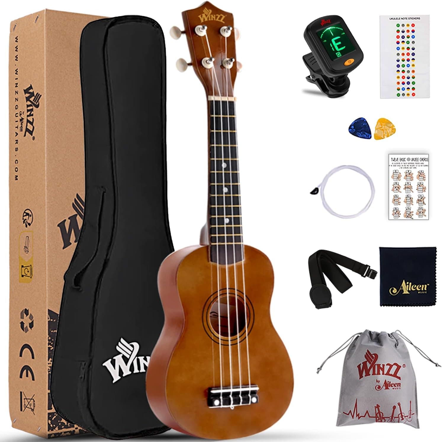 Winzz Soprano Cavaquinho com kit para principiantes Inclui: Saco, afinador, cordas extras, correia ajustável, palhetas, decalques de notas, guia de acordes, pano de polimento.