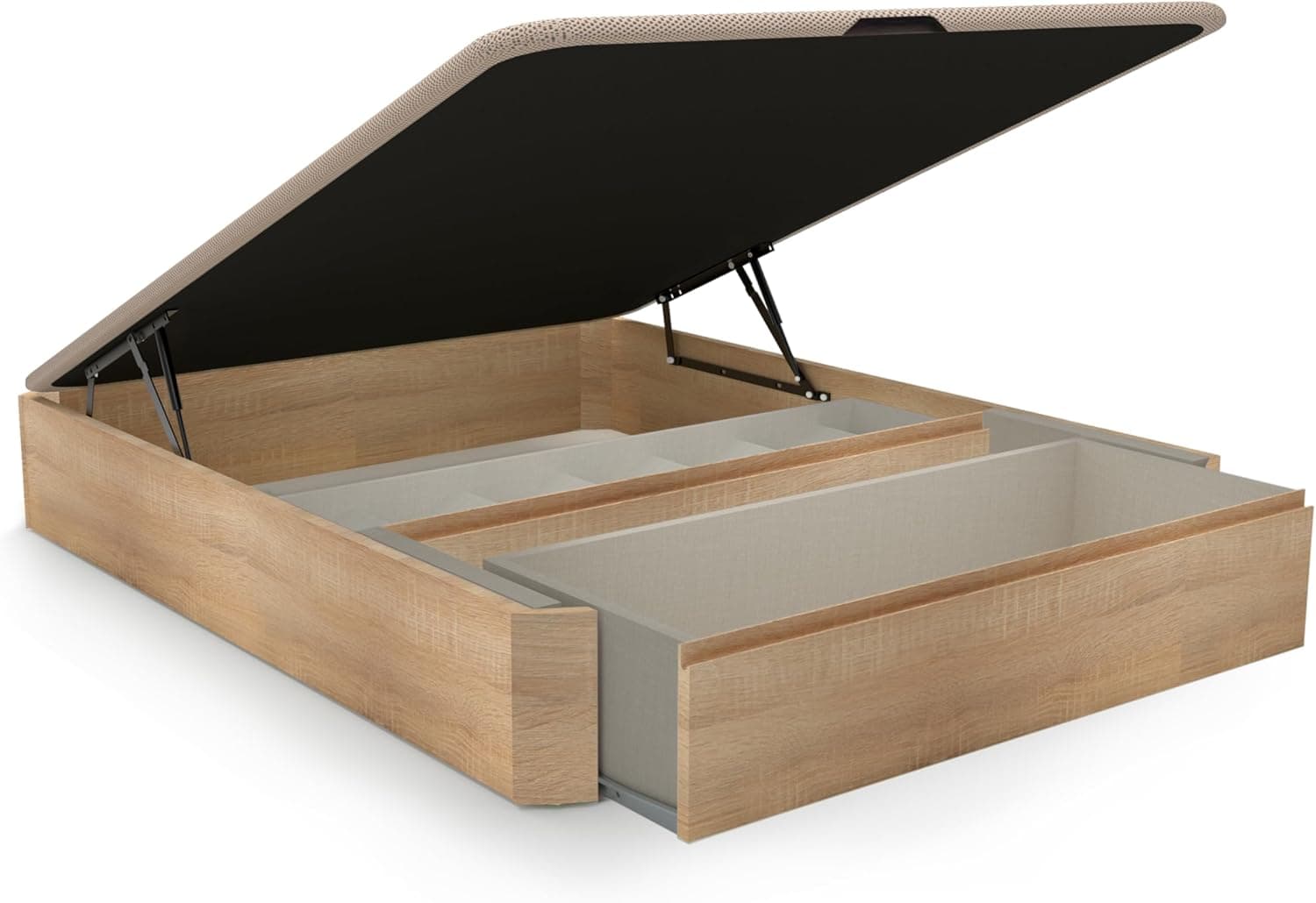 duehome | Luxury S-MAX, Sommier ajustável com gaveta frontal removível e sapato interior, acabamento em carvalho, medidas: 150 cm (largura) x 190 cm (comprimento) x 31 cm (altura)