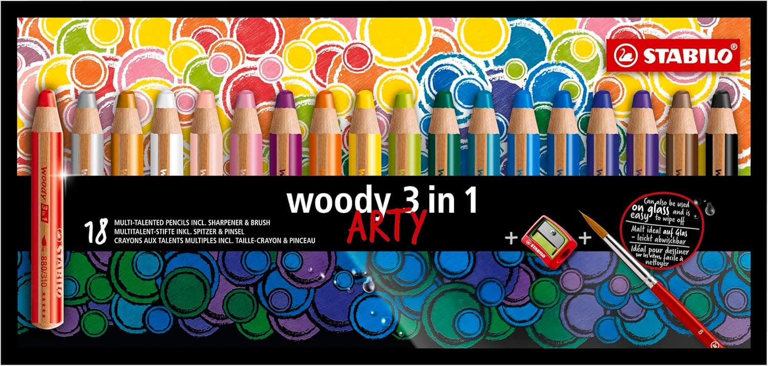 STABILO woody 3 em 1 ARTY | Estojo com 18 lápis de cor multitalento e afia, solúveis em água e adequados para crianças