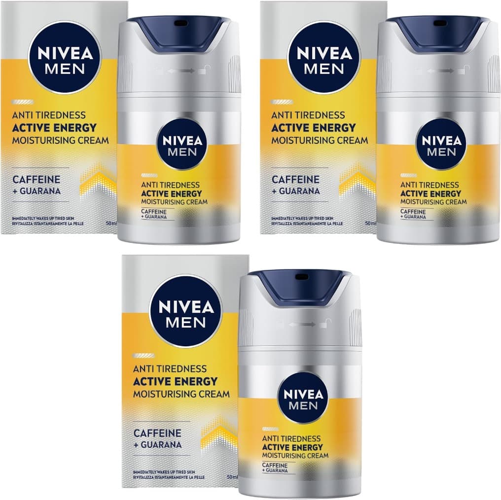 NIVEA MEN Active Energy | Creme hidratante facial com cafeína e guaraná para reduzir sinais de fadiga, 50 ml x 3