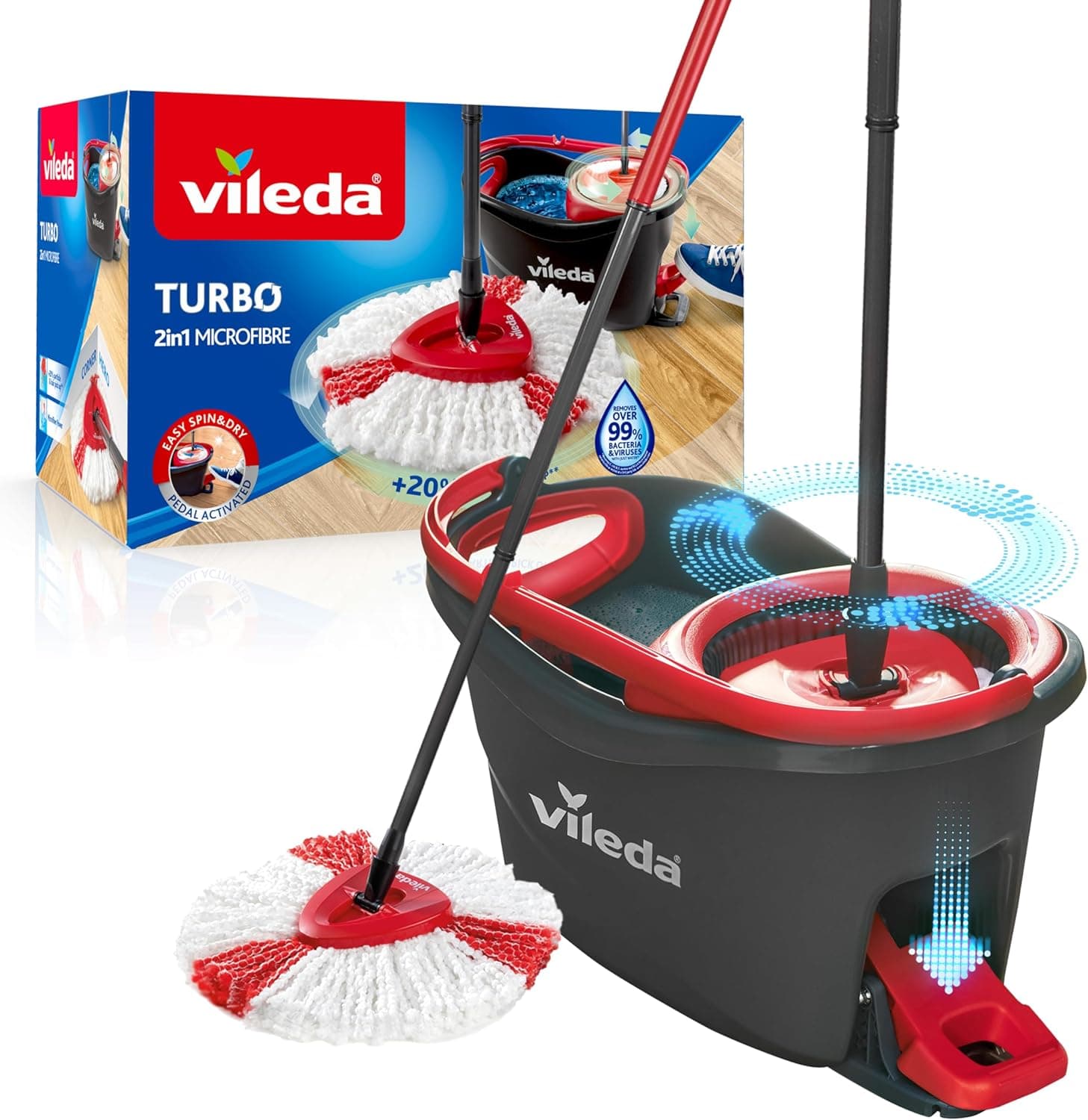 Vileda Turbo Conjunto de balde de esfregona para chão giratório com pedal - cabo telescópico 85-123 cm - cabeça de microfibra 2 em 1 - Love it Clean - embalagem sustentável