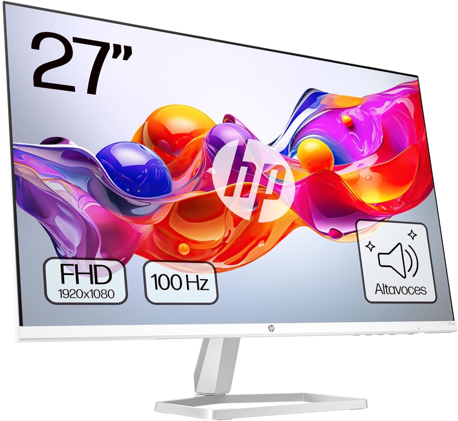 HP 527sa - Monitor FHD de 27" com altifalantes integrados (1920 x 1080, IPS, 100 Hz, 5 ms, 99% sRGB, 300 Nits, contraste 1500:1) branco com suporte prateado