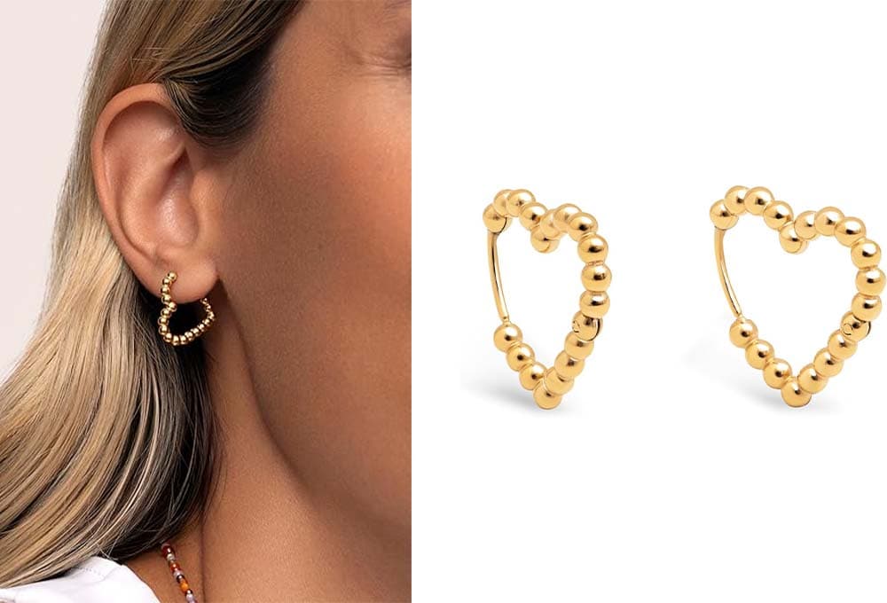 SINGULARU - Brincos Cora Dots brincos em aço banhados a ouro de 18 Kt, motivo coração e com fecho Congo/Click 