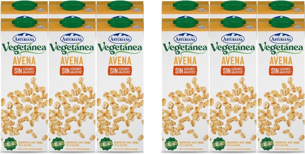 Central Lechera Asturiana - Vegetânea bebida de aveia sem açúcar adicionado, conjunto de 6 briks de 1 litro com tampa de rosca, 6 x 1 l, 6000 mililitros
