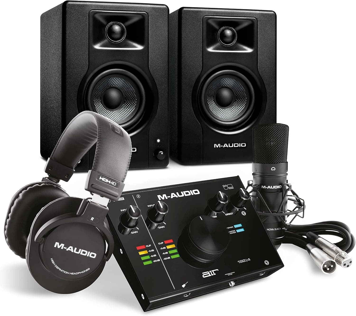 M-Audio Pacote de gravação de M-Audio Vocal Studio Pro: interface áudio AIR 192 | 4, auriculares de estúdio HDH40, monitores de estúdio BX3 e microfone condensador