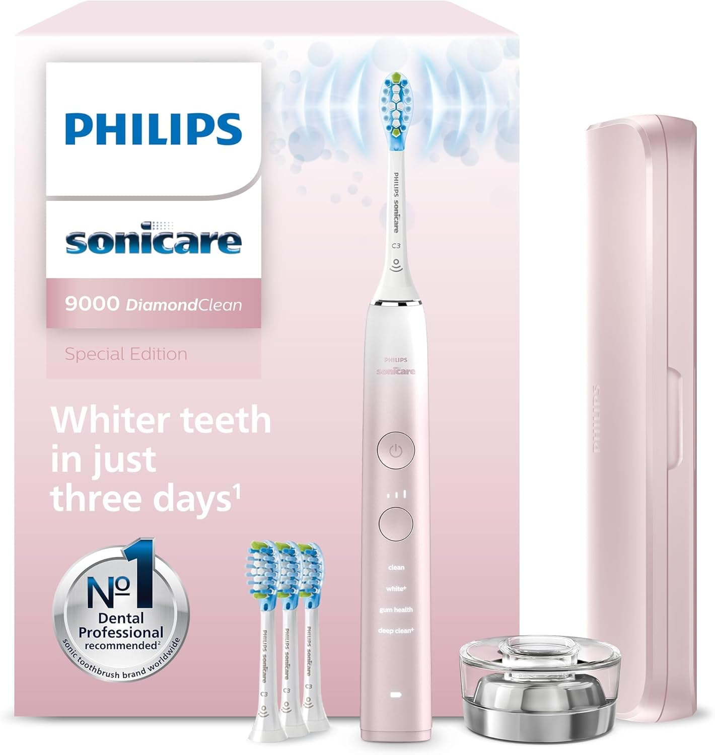 Philips Sonicare DiamondClean 9000, escova de dentes elétrica, edição especial, escova de dentes sónica com aplicação, sensor de pressão, suporte de carga, rosa, modelo HX9911/79
