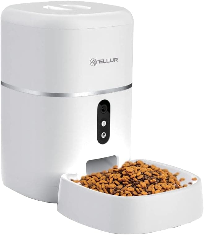 TELLUR SMART Alimentador automático para gatos e cães, WiFi, UHD 2K câmera, dispensador de comida controlo remoto, compatível com Alexa e Google, 10 s gravação de voz, tempo de comida e porções