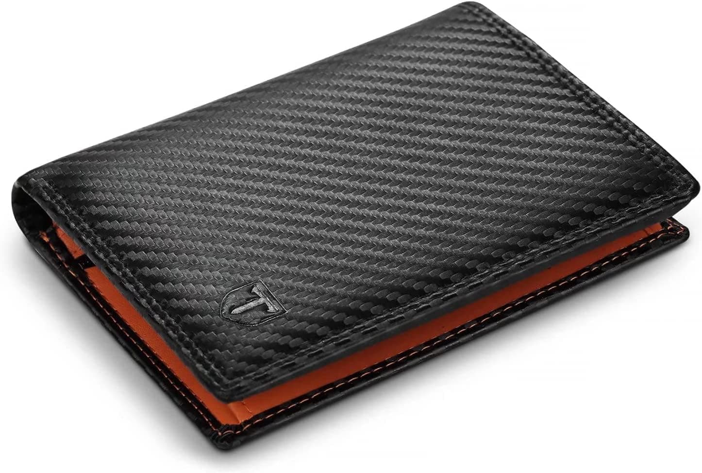 TEEHON Carteira de homem, carteira vertical de couro de fibra de carbono, com RIFD proteção, 13 ranhuras para cartões, com fecho de correr, presente para homem de Natal, aniversário (preto e laranja),