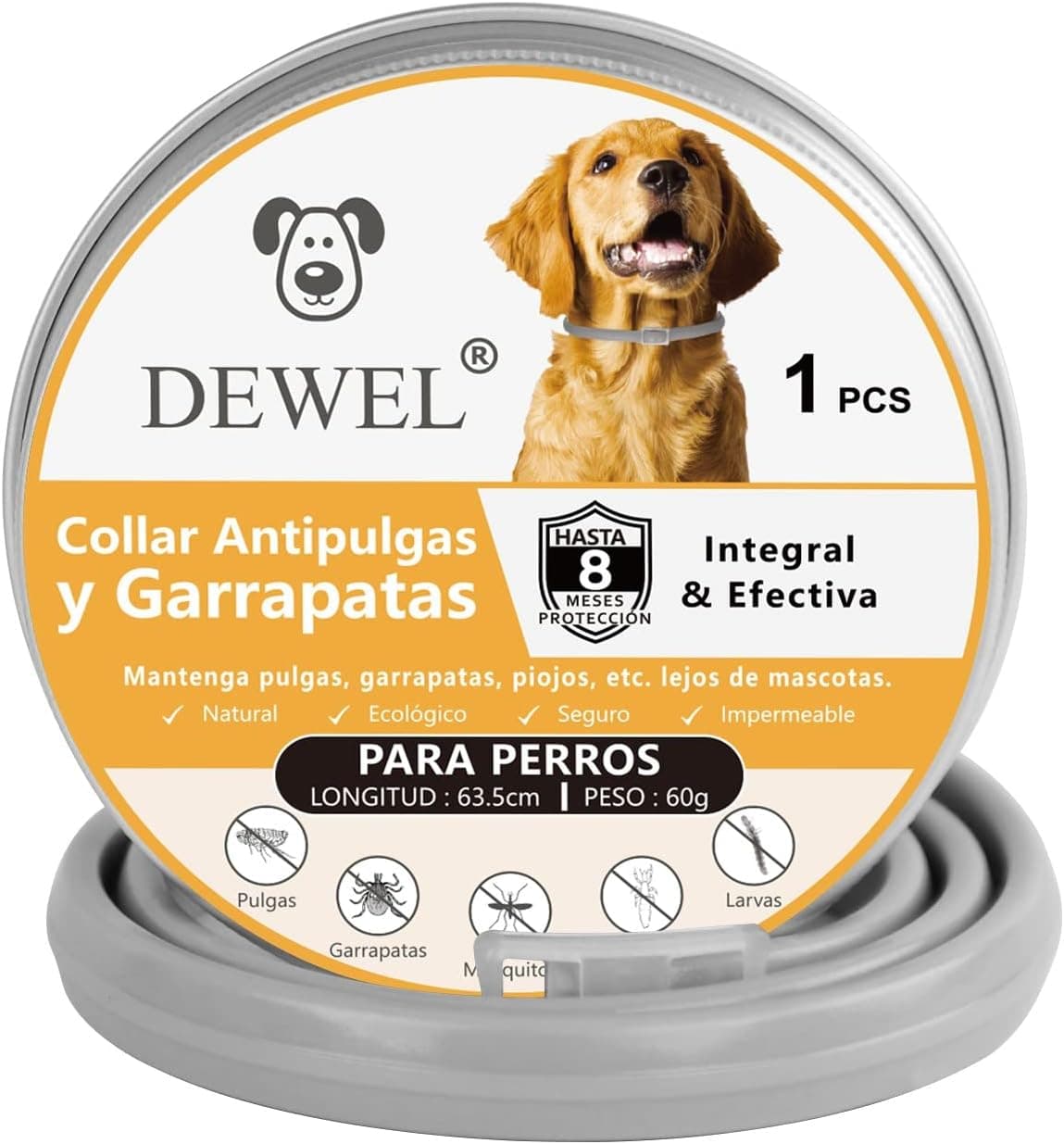 DEWEL Coleira antiderrapante e carrapatos, 8 meses de proteção, coleira contra pulgas carrapatos mosquitos, impermeável e ajustável, 63,5 cm, cinzento, nova embalagem