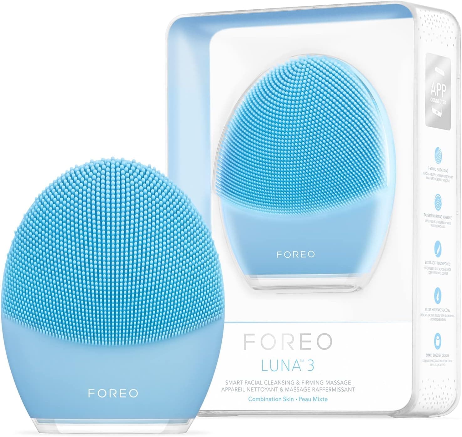 FOREO LUNA 3 pele mista, escova de silicone de limpeza facial, massajador elétrico, Skin Care ultra-higiénico, esfoliação para levar de viagem, conexão por App