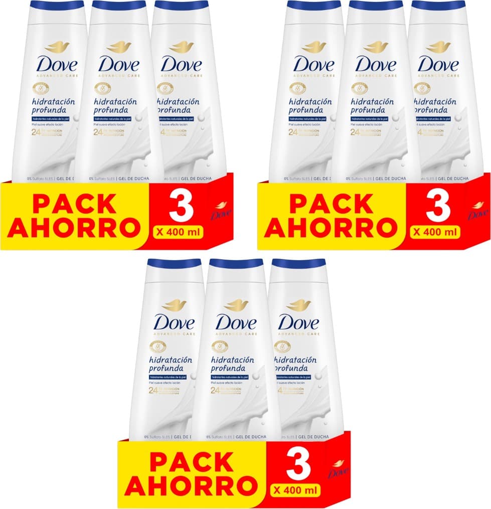 Dove Advanced Care | Gel de duche hidratação profunda com hidratantes naturais, 9 x 400 ml