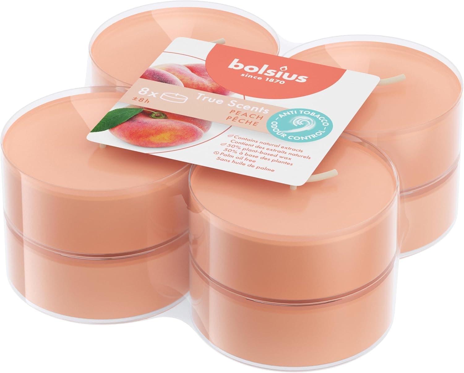 Bolsius 8 velas de chá maxi fragrância, pêssego, longa duração de combustão de 8 horas, vela de interior, extratos naturais, cera vegana, sem óleo de palma