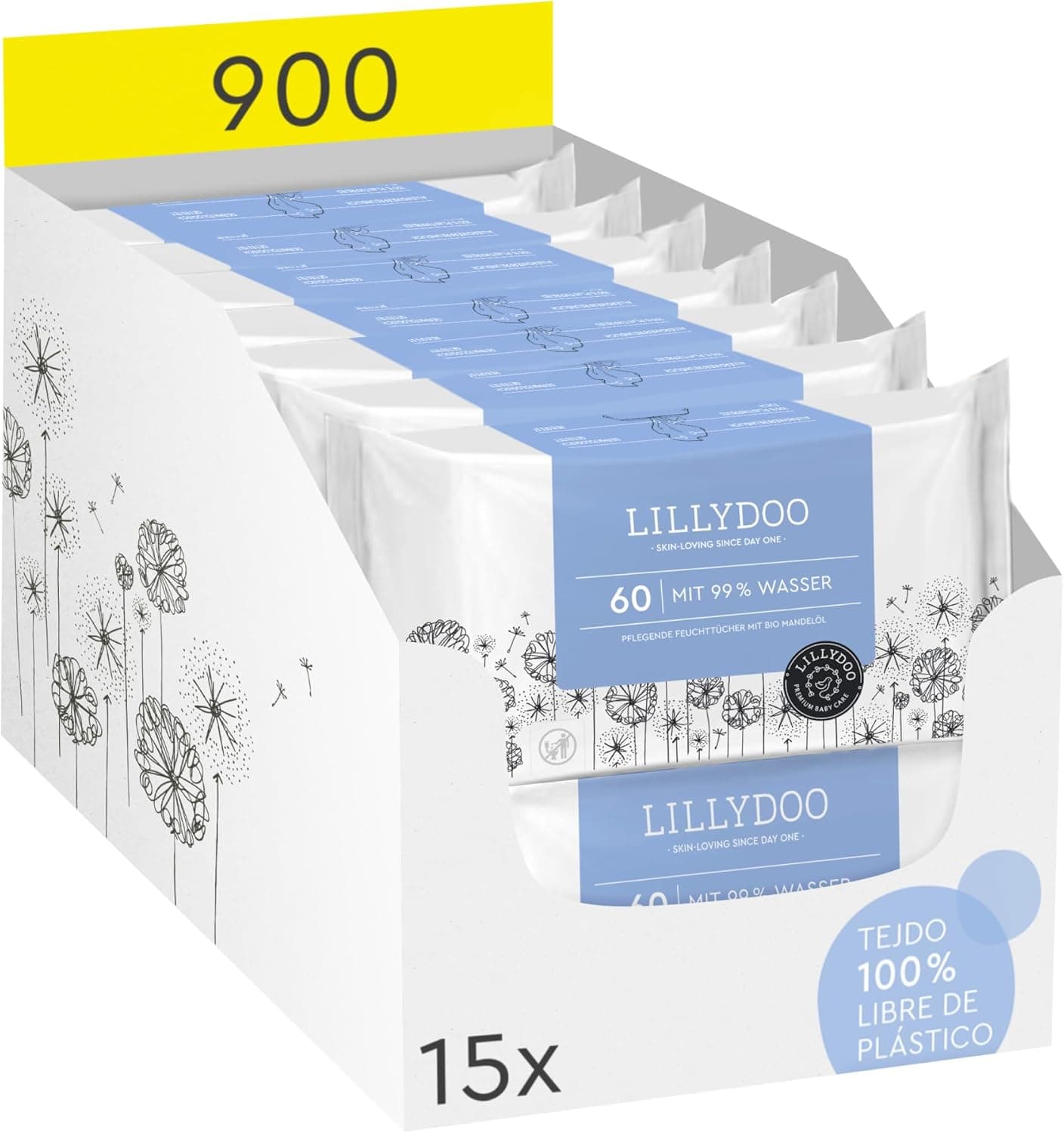 LILLYDOO Toalhetes húmidos para bebés com 99% de água, 15 embalagens de 60 (900 unidades), 100% livres de plástico sem perfumes e tão macios quanto algodão e água