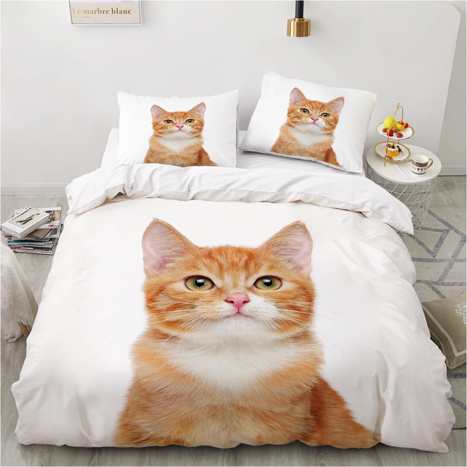 Gezu - Capa nórdica de 140 x 200 cm, cor branca para meninos, design de gato 3D, para menina, conjunto de cama com fecho de correr, roupa de cama e 1 fronha de 65 x 65 cm, cor branca