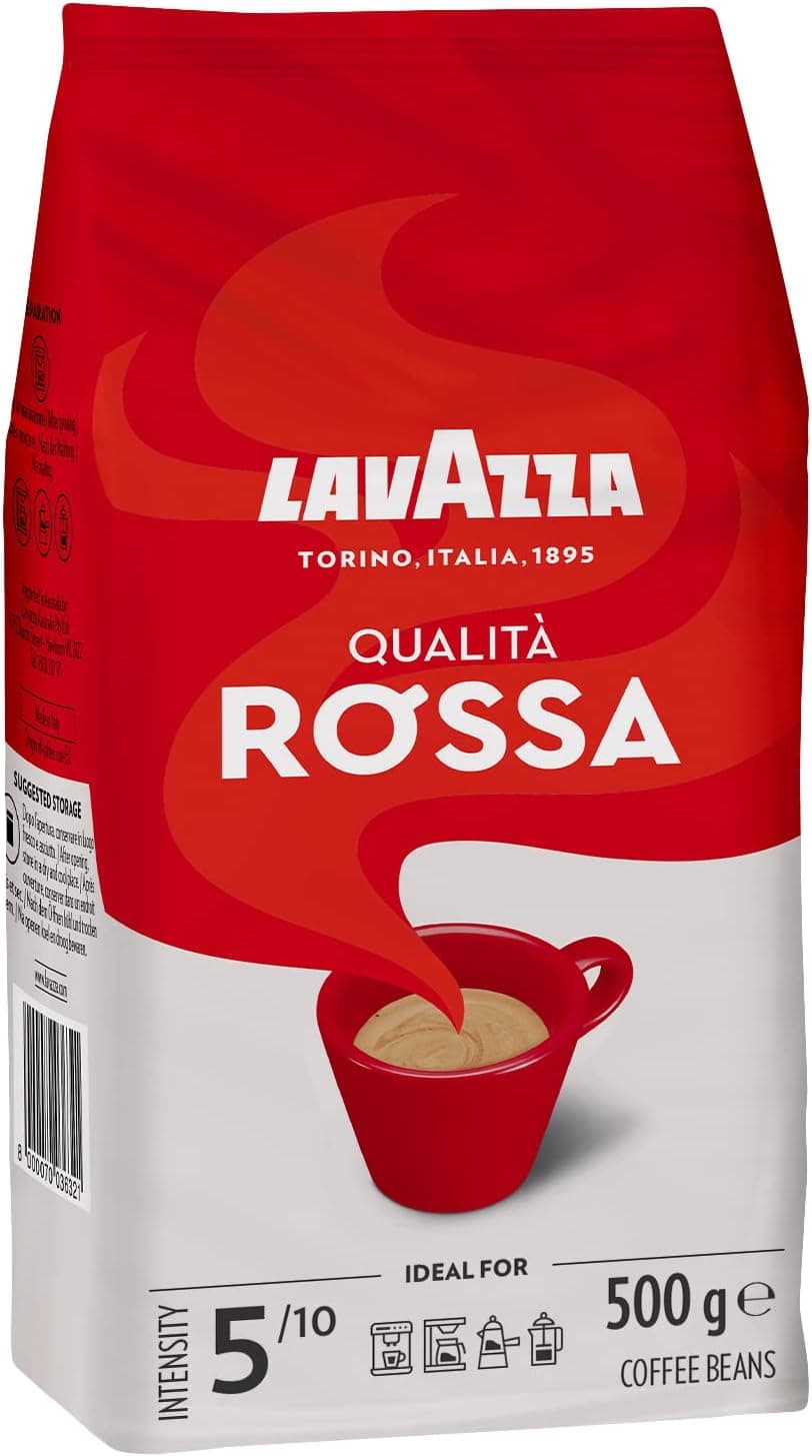 Lavazza, Qualità Rossa, café em grão natural, ideal para a máquina de café expresso, com notas aromáticas de chocolate e frutos secos, árabe e robusta, intensidade 5, torção média, embalagem de 500 g