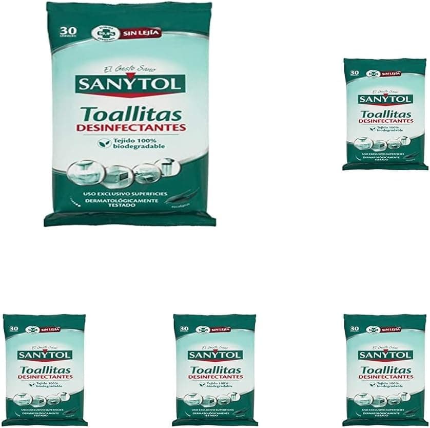 Sanytol Toalhetes desinfetantes multifuncionais, eliminam bactérias, fungos e vírus sem lixívia, perfume eucaliptus 30 toalhetes (embalagem de 5)