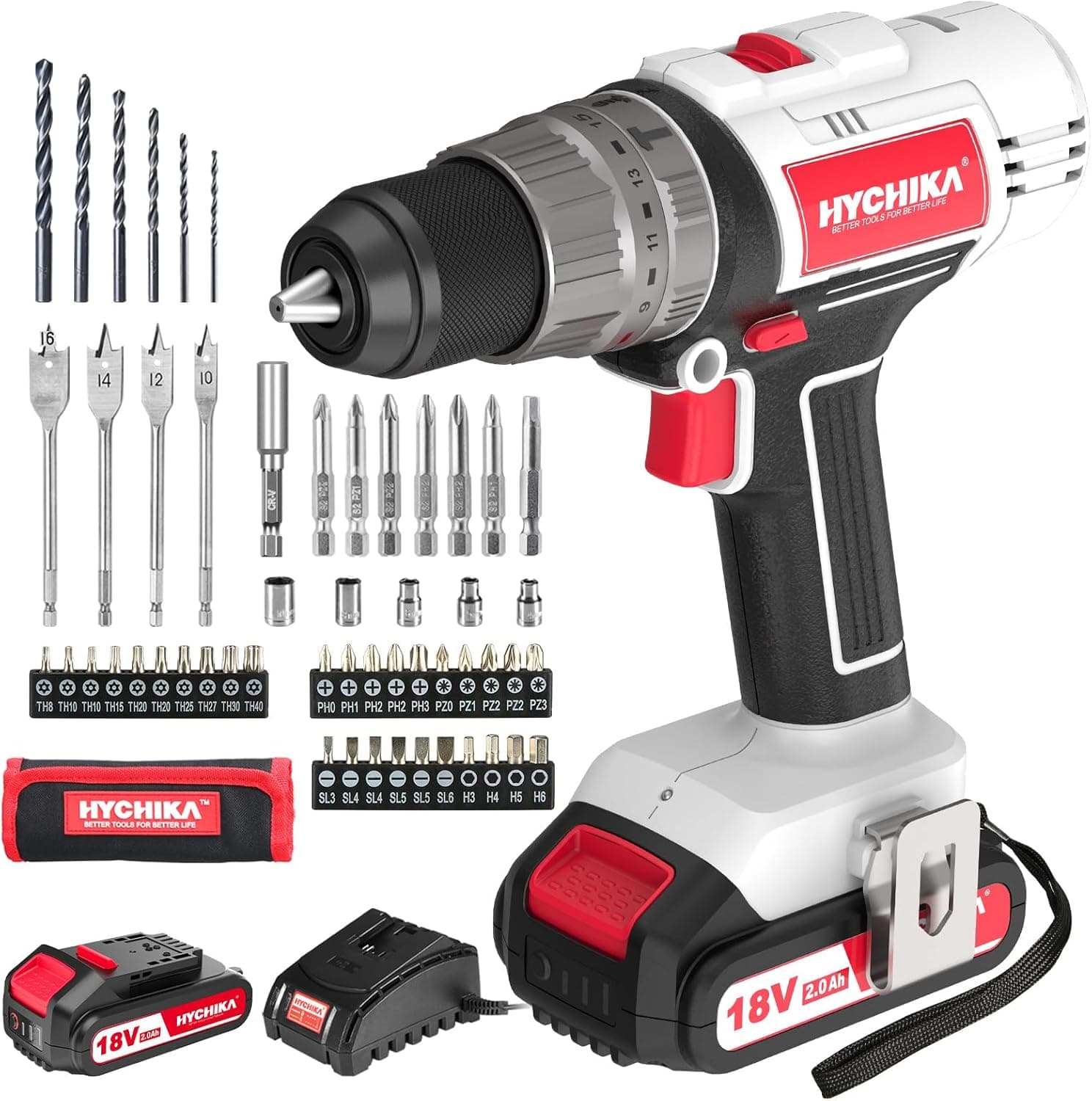 HYCHIKA Broca percutor a bateria de 18 V, broca sem fios com bateria de 2,0 AH, broca de impacto máxima 45 Nm, 2 velocidades, par de 21 + 3, com 55 acessórios, com luz de trabalho LED