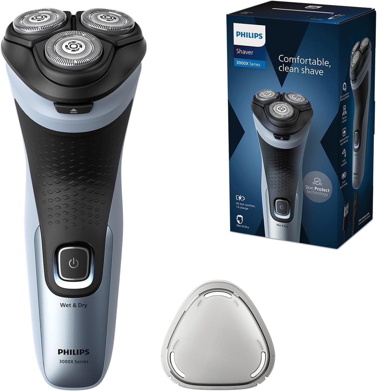 Philips Série X3000 Máquina de barbear elétrica para homem, máquina de barbear com cortinadores, 27 lâminas, cuidado da pele, 45 min de uso, seco e húmido, recarregável, X3053/00, azul