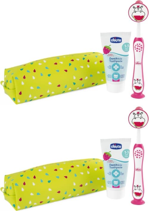 Chicco Conjunto de escova de dentes e pasta dentária para bebés, com estojo prático, inclui pasta dentária sabor morango e escova de dentes com cerdas macias e ventosas, conjunto de viagem, 3-6 A,