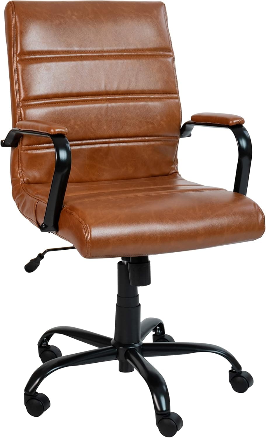 Flash Furniture Whitney - Cadeira de secretária giratória de couro com encosto médio com assento e apoio de braços acolchoados, cadeira de escritório de couro acolchoada de altura ajustável,