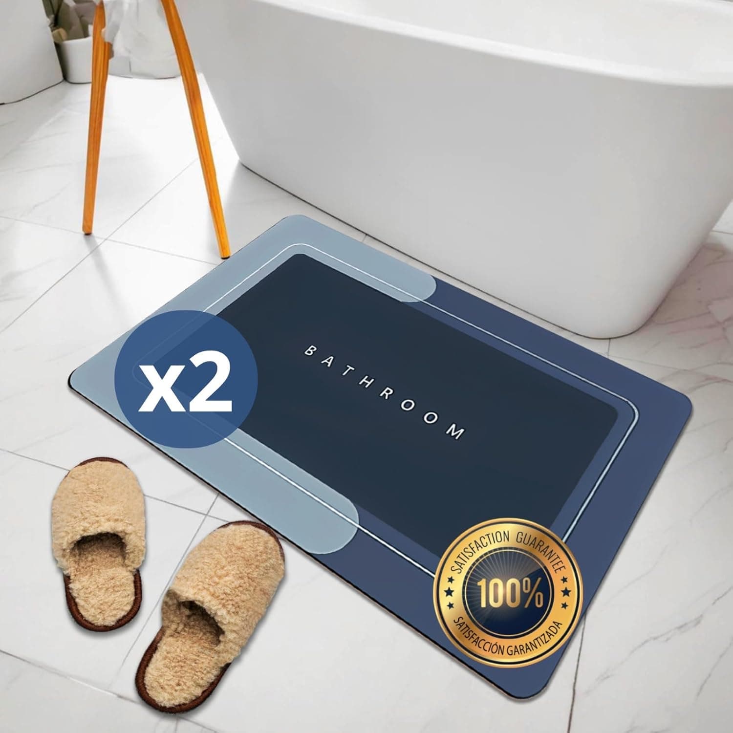 VITALIF® Pack de 2 super tapete de casa de banho antiderrapante de diatomitas premium | Stone Bath Mat, 60 x 40 cm, tapete de secagem rápida, flexível e absorvente, antimofo, tapete de casa de banho
