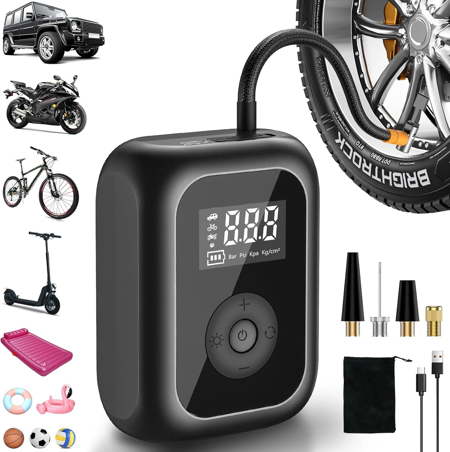 Onherm Compressor de ar portátil, 6000 Mah insuflador rodas carro mini bomba de ar bicicleta elétrica, 10,3 bar/150 PSI com recarregável e ecrã LED para carros, motas, bicicletas, anel de natação