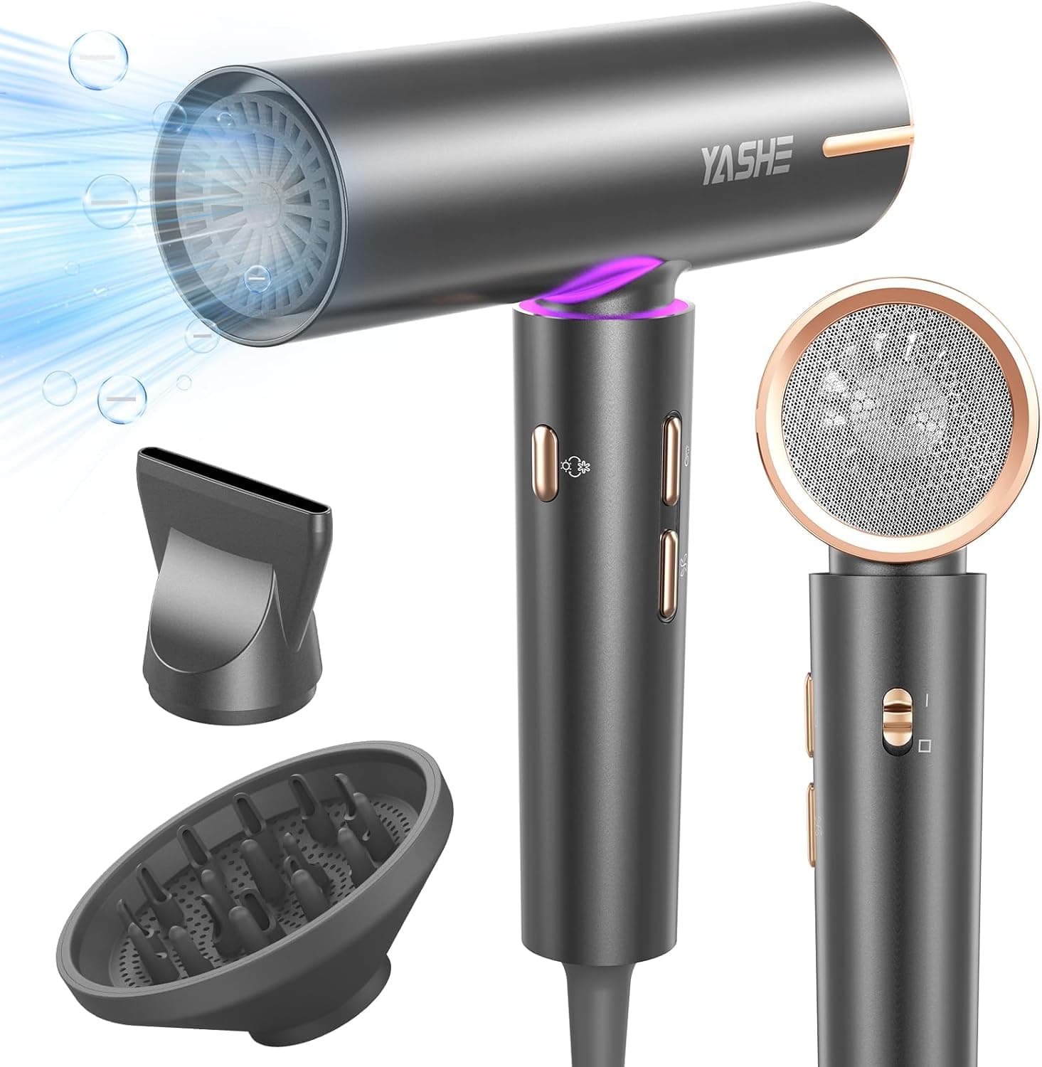 YASHE | Secador de cabelo iónico profissional com motor brushless, difusor, 3 velocidades e 4 níveis de calor