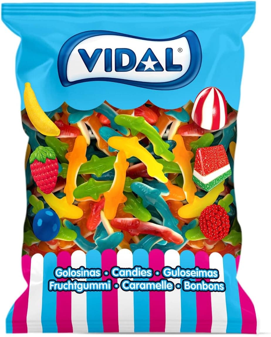 Vidal Jelly Sharks | Gomas doces em forma de tubarão com sabor a morango sortido sem glúten e sem gordura 1 kg