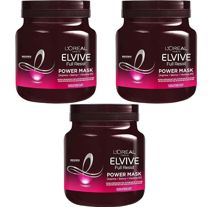L'Oréal Paris Elvive Full Resist máscara fortificante multiusos Power Mask, para cabelos frágeis, banana, 680 ml x 3