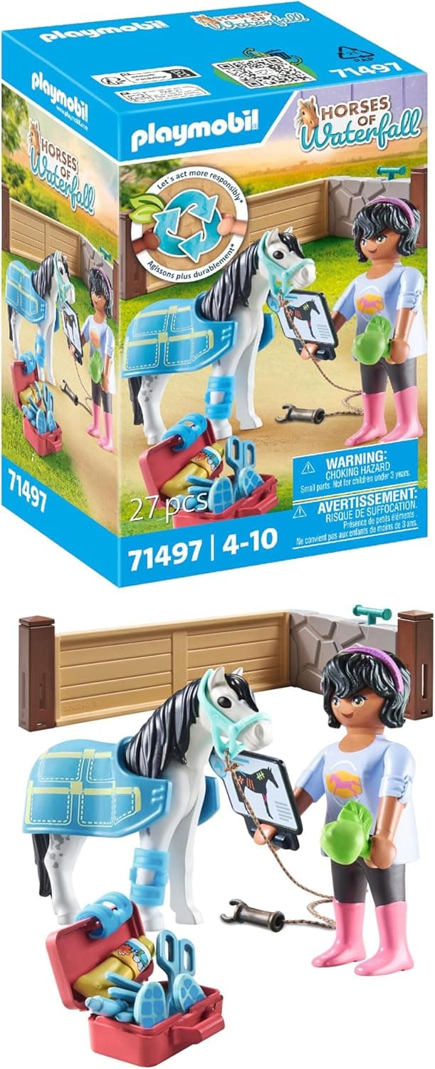PLAYMOBIL Horses of Waterfall 71497 Terapeuta de cavalos, cuidado e alimentação amorosos para os cavalos, com ligaduras e guloseimas deliciosas, brinquedos detalhados para crianças a partir de 4 anos