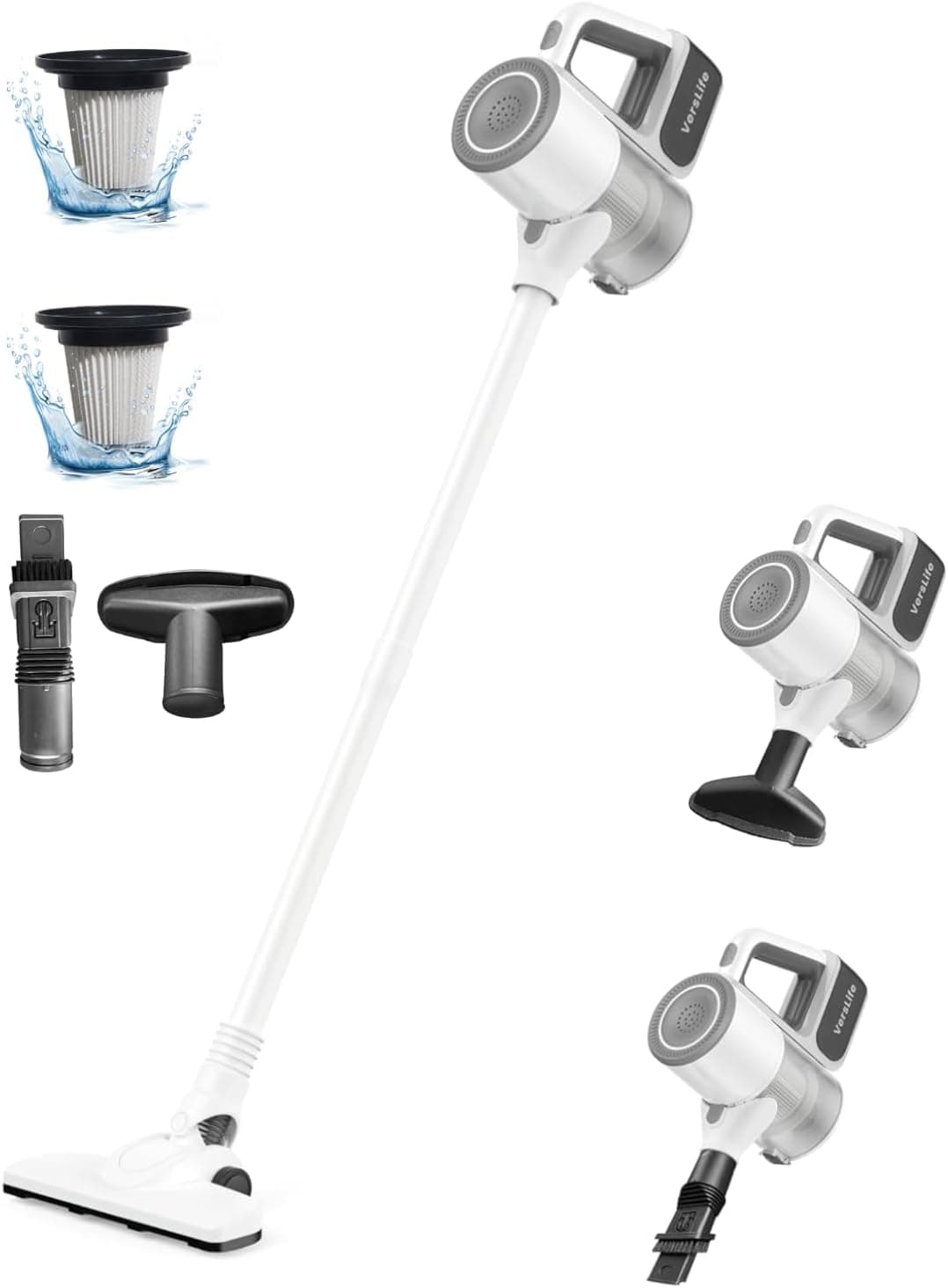 VersLife Aspirador sem cabo 30 kpa S6, aspirador vassoura sem cabo potente, aspirador sem fios para chão/tapete/pêlos de animais, sem bolsa, poderoso aspirador de mão elétrico, branco