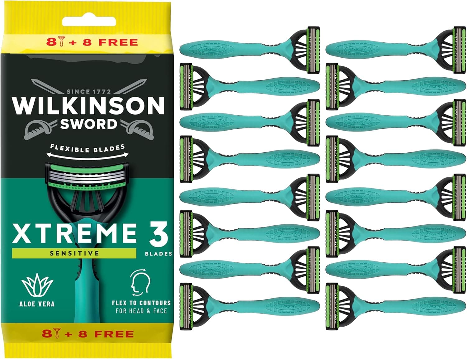 Wilkinson Sword Xtreme 3 Sensitive - conjunto de 8 + 8 máquinas descartáveis com uma faixa lubrificante de vitamina E e aloé vera - ideais para o cuidado e suavidade facial