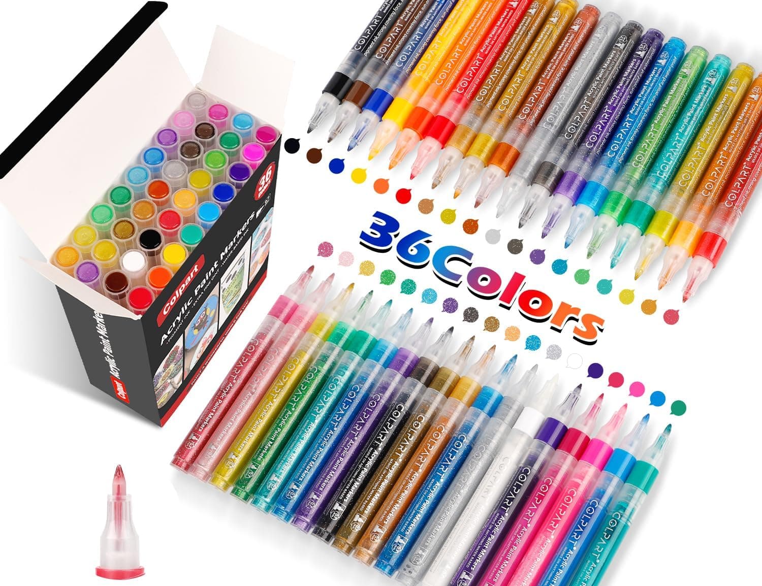 colpart Marcadores de tinta acrílica de 36 cores, ponta extrafina, canetas metálicas de tinta acrílica para pintura de rocha, madeira, tela, pedra, vidro, superfícies de cerâmica,