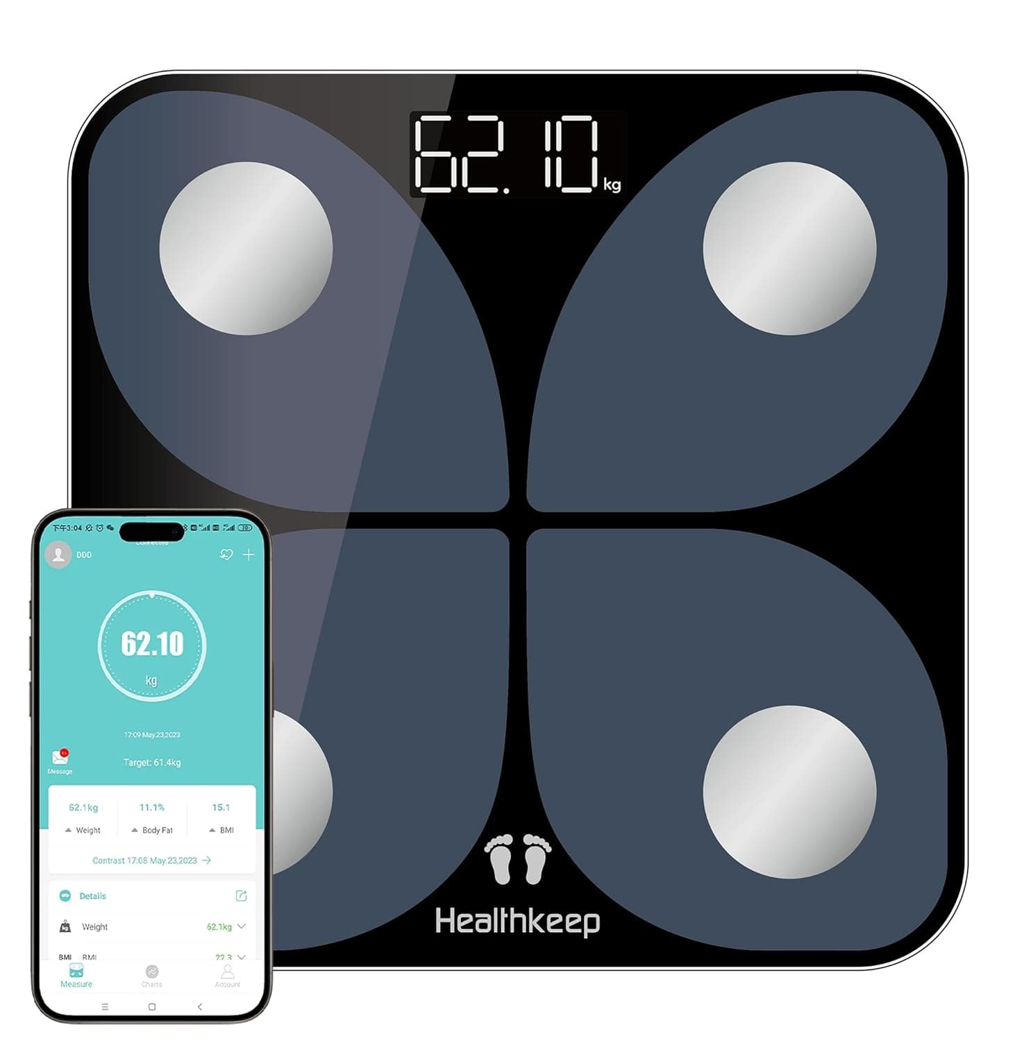 Balança de gordura corporal, balança digital com aplicação inteligente, balança de análise corporal com Bluetooth, para gordura corporal, IMC, massa muscular, proteínas, BMR, 26 cm x 26 cm
