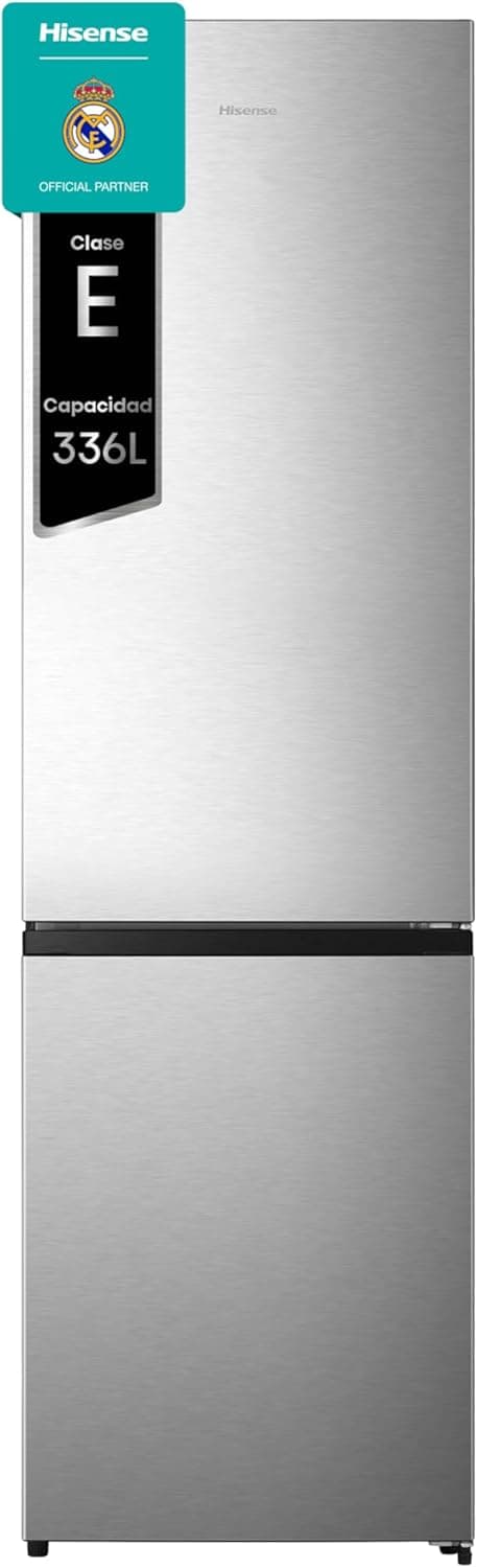 Hisense RB440N4BCE Frigorífico Combinado, classe E eficiente, capacidade de 336 l com 200 cm de altura, super freeze, garrafeiro, porta reversível, silencioso 39dB, cor Inox