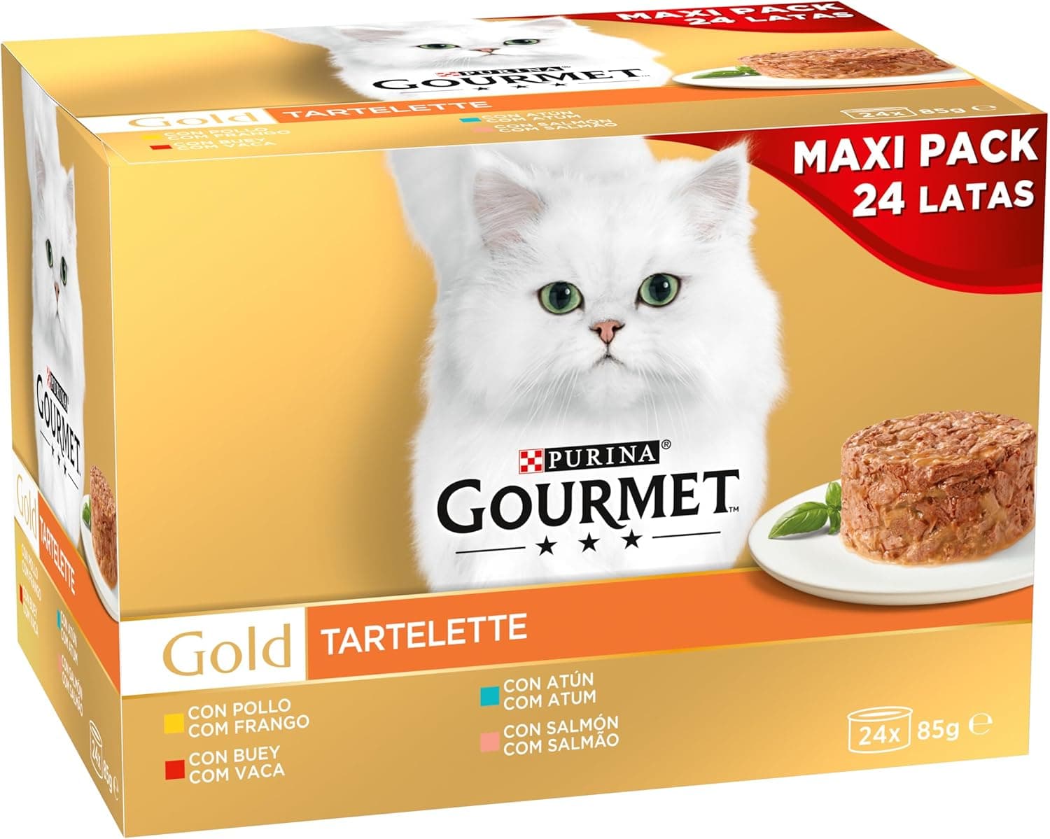 GOURMET Gold Tartelette, comida húmida para gato adulto, paté, sortido de frango, boi, atum e salmão, 96 latas
