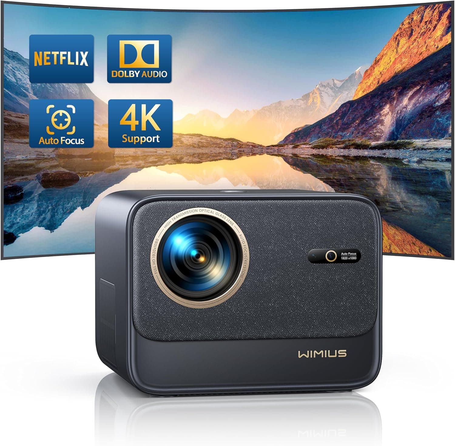WiMiUS 4K Portable | Projetor inteligente 4K com Netflix, Dolby, 33000 lúmenes, auto focus, WiFi 6 e Bluetooth, preto